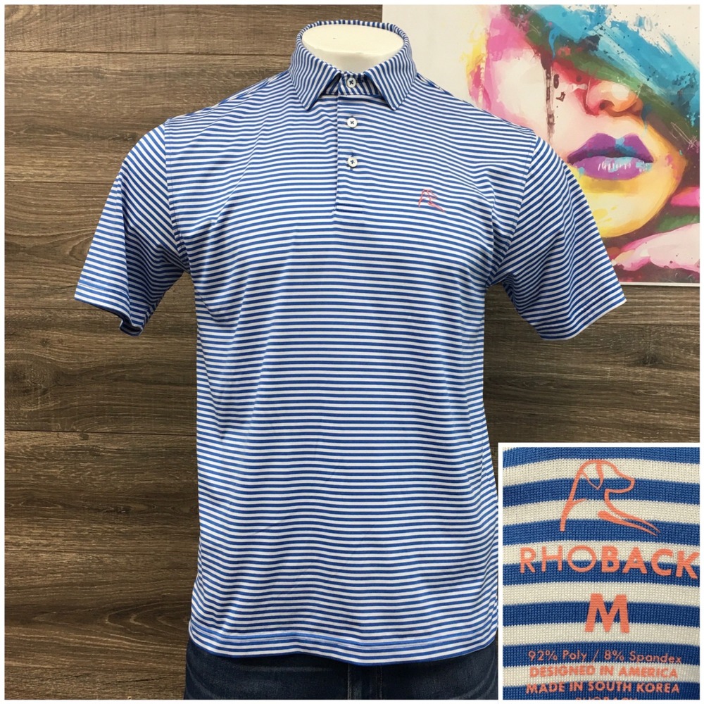 Rhoback Mens Performance Golf Polo Shirt Blue White Striped Size Medium M
